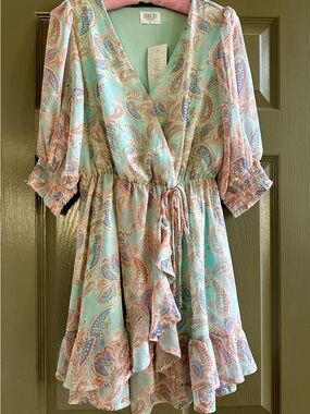 Sienna Sky Mint Paisley Ruffle Wrap Mini Dress Size Medium